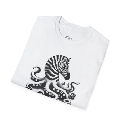 Zebra Octopus Tee: Unisex Softstyle T-Shirt, Beachwear, Graphic Shirt, Casual Gift, Art Tee, Unique Summer Apparel